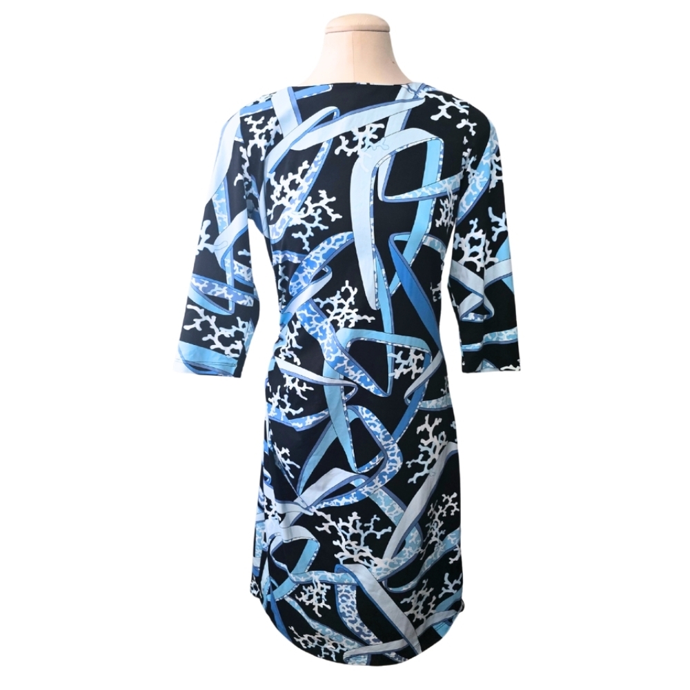 J. McLaughlin Catalina Dress Sage MEDIUM 3/4 Sleeve Blue White Geometric Coral